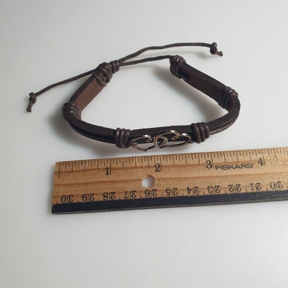 Leather Bracelet Intertwined Hearts Adjustable Brown Dark Silver Tone Jewelry - Picture 4 of 5